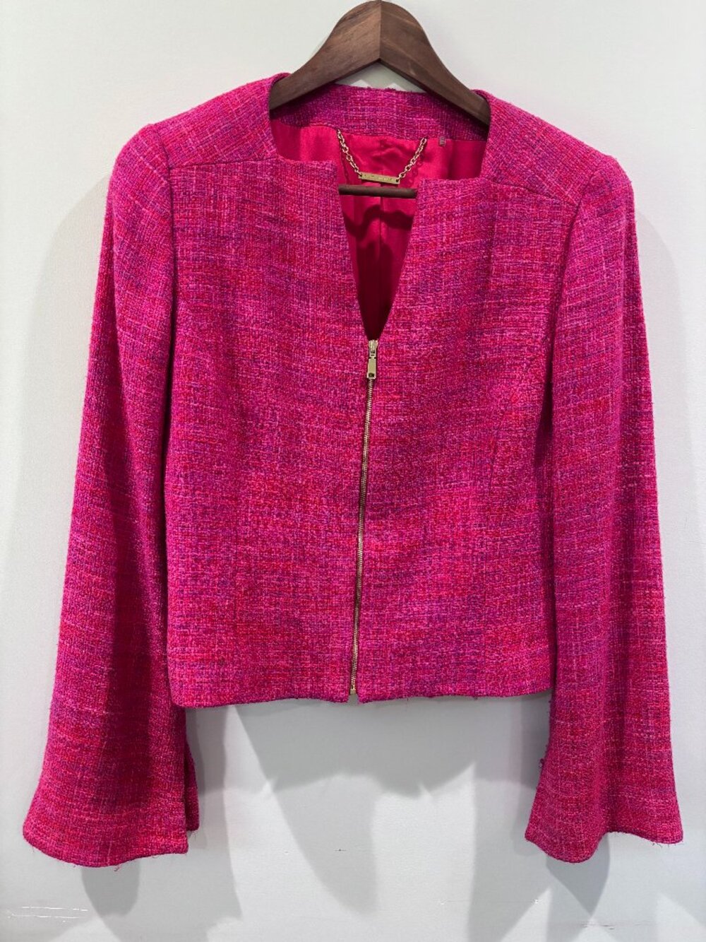 Elie Tahari Pink Tweed Zip Front Blazer Jacket Size 8